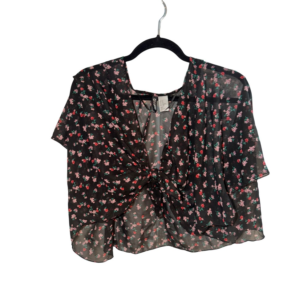 Divided Black Sheer Floral Tie Front Shrug Cardigan Crop Top Short Sleeve US 8